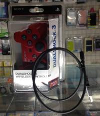 PS3 Dual Shock 3 Controller Red Blue Black & USB Charging Cable